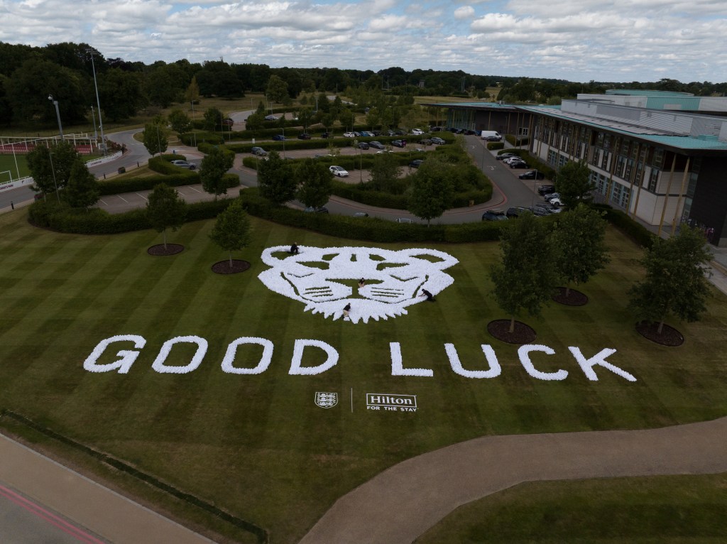 aerial view of the towel art send off created at Hilton at St George's Park for Lionesses by Hilton, Official Hotel Partner of the England Teams