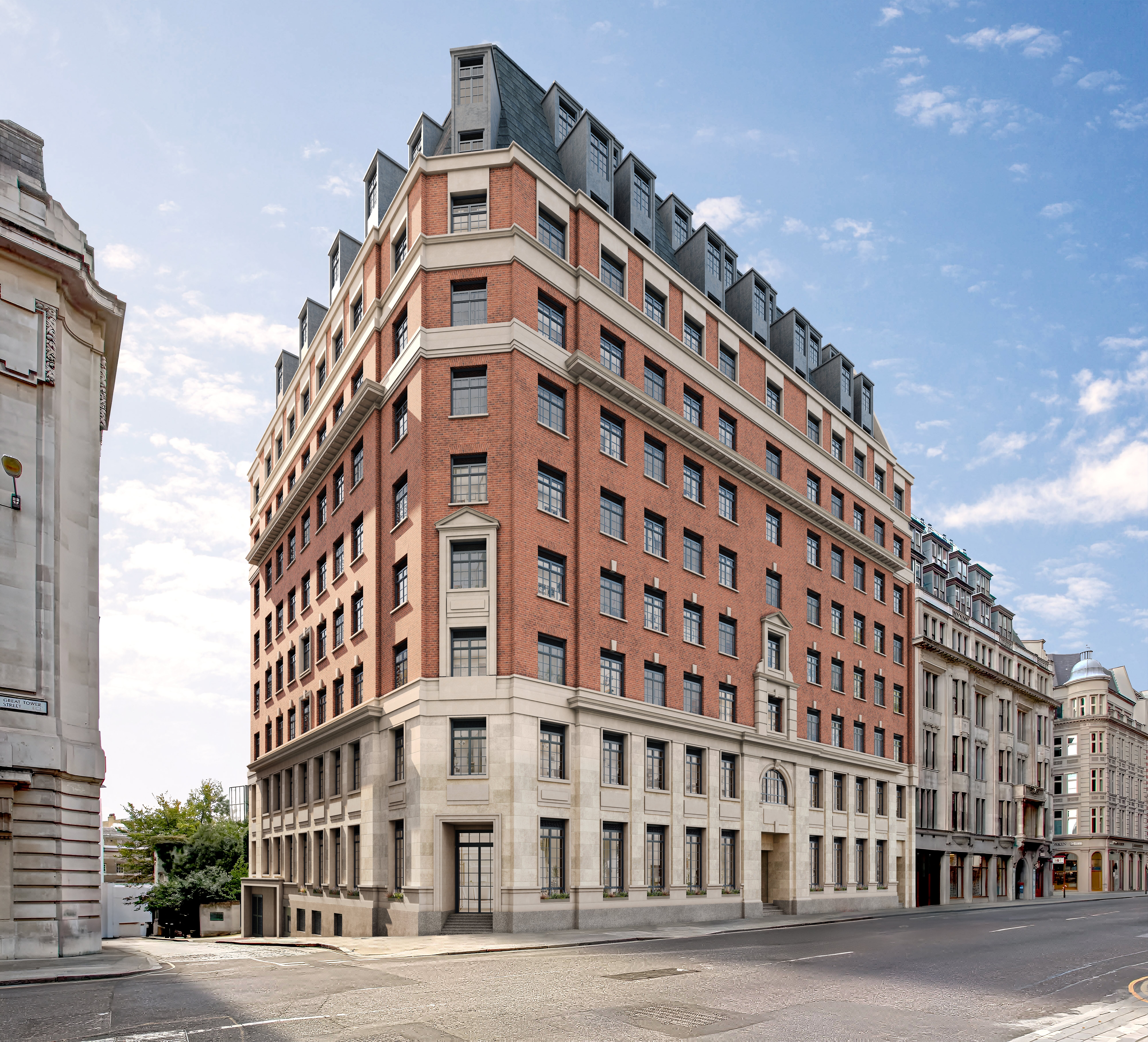 The Derby London City, Curio Collection by Hilton exterior - brick corner building with blue sky