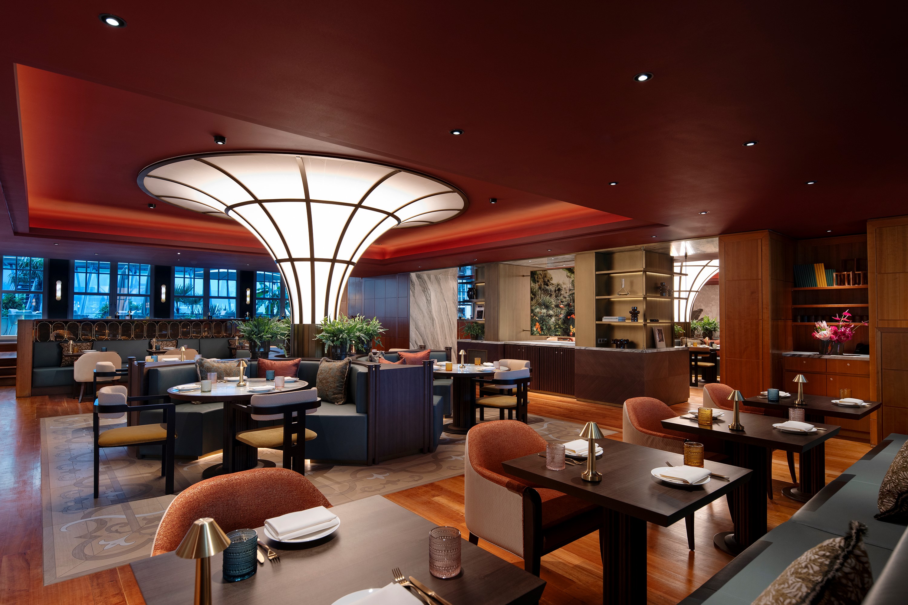 A restaurant with various seating options