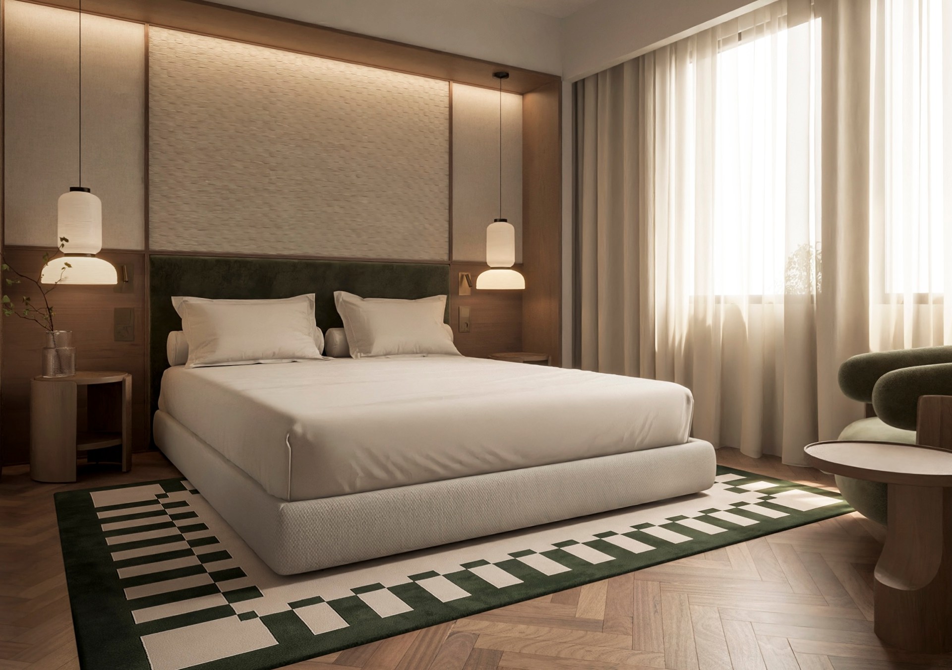 A cozy room with bed and chair