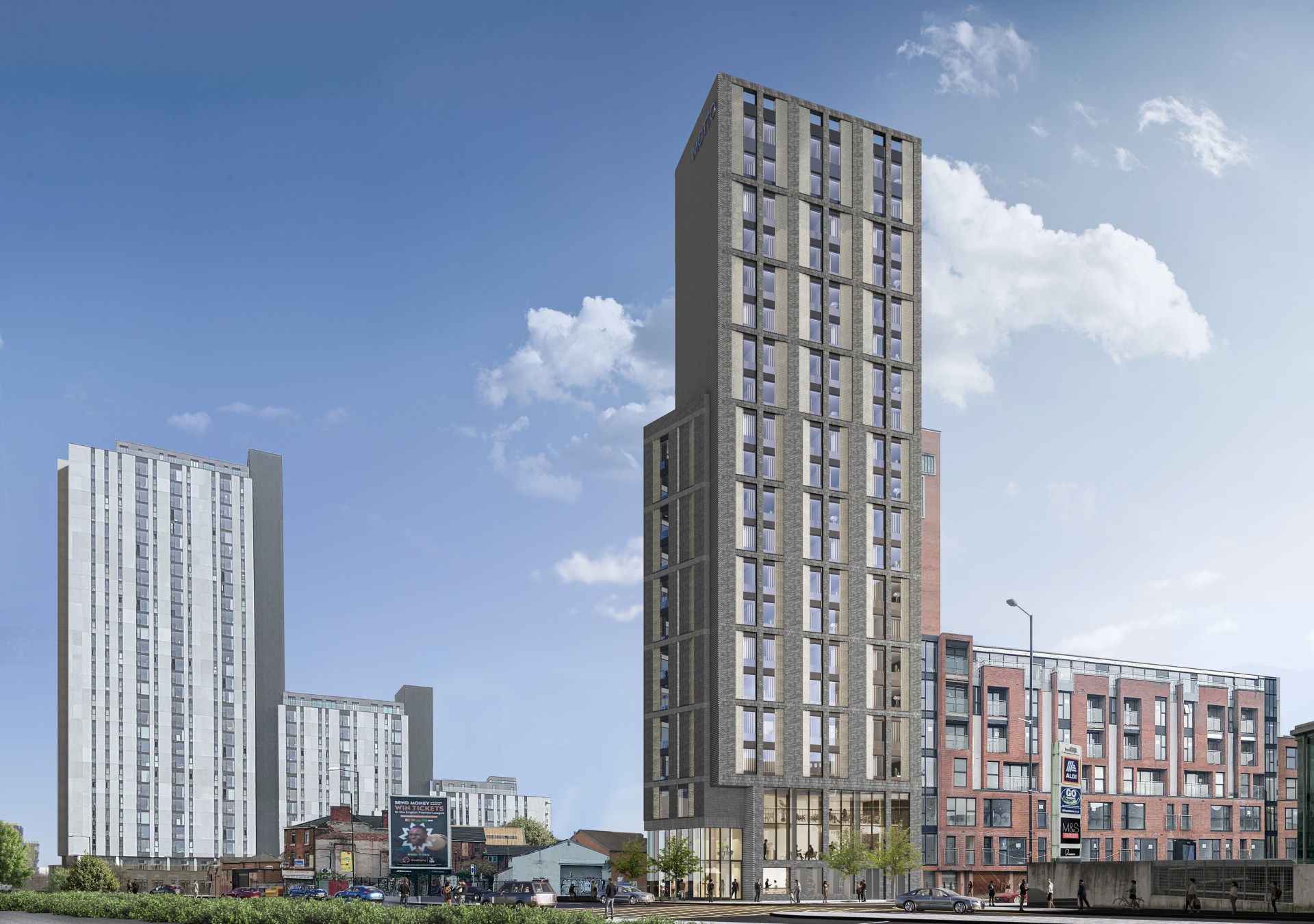 The outside of the Motto by Hilton Manchester Piccadilly and surrounding buildings.