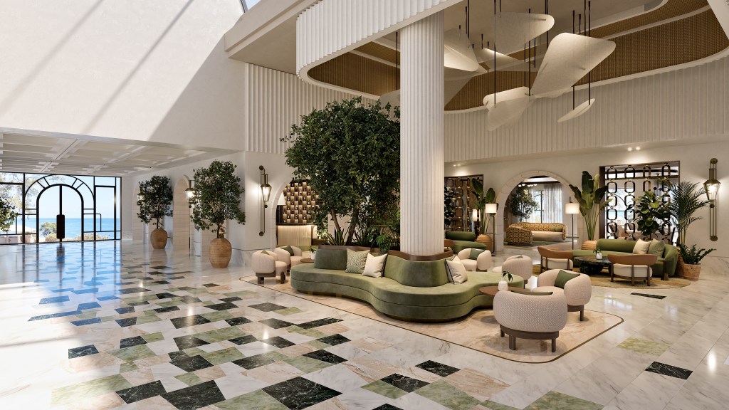 Conrad Corfu - Colonnade - large entrance area with cream and green tones, tile floor, green seating area, large column and light fixture