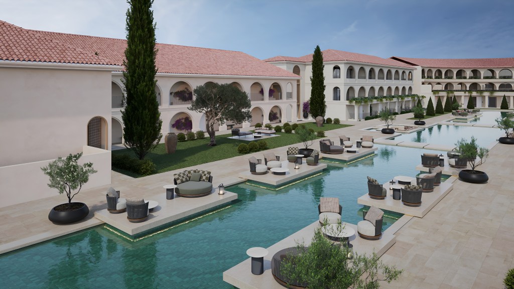Conrad Corfu - Lagoon - water feature surrounded by a variety of seating, hotel buidlding in the background