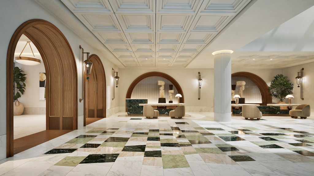 Conrad Corfu - Reception - check in desks, chairs, tile floors, wood accents