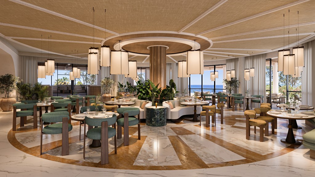 Conrad Corfu - Restaurant - large restaurant with a variety of seating, hanging light fixtures, greenery