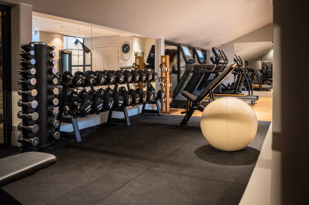 Modern gym with weights, treadmills, and mirrors.
