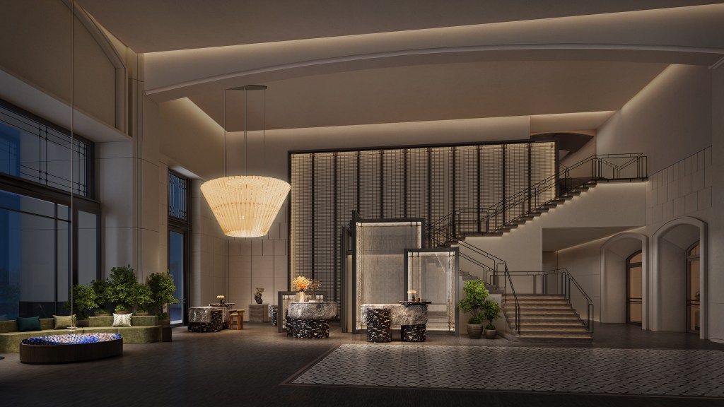 rendering of Signia by Hilton Tainan lobby in the evening