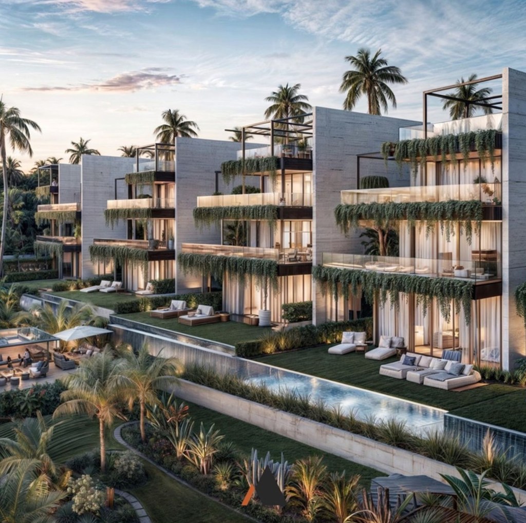 An exterior shot of the balconies of the hotel, with greenery hanging off the edge.