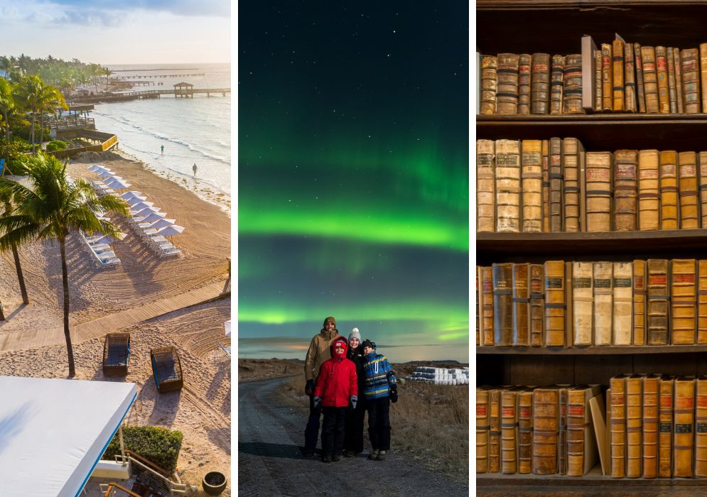 Collage of 3 photos with beach on left and a family posing with the northern lights behind them in the middle and a close up of books on a book shelf on the right