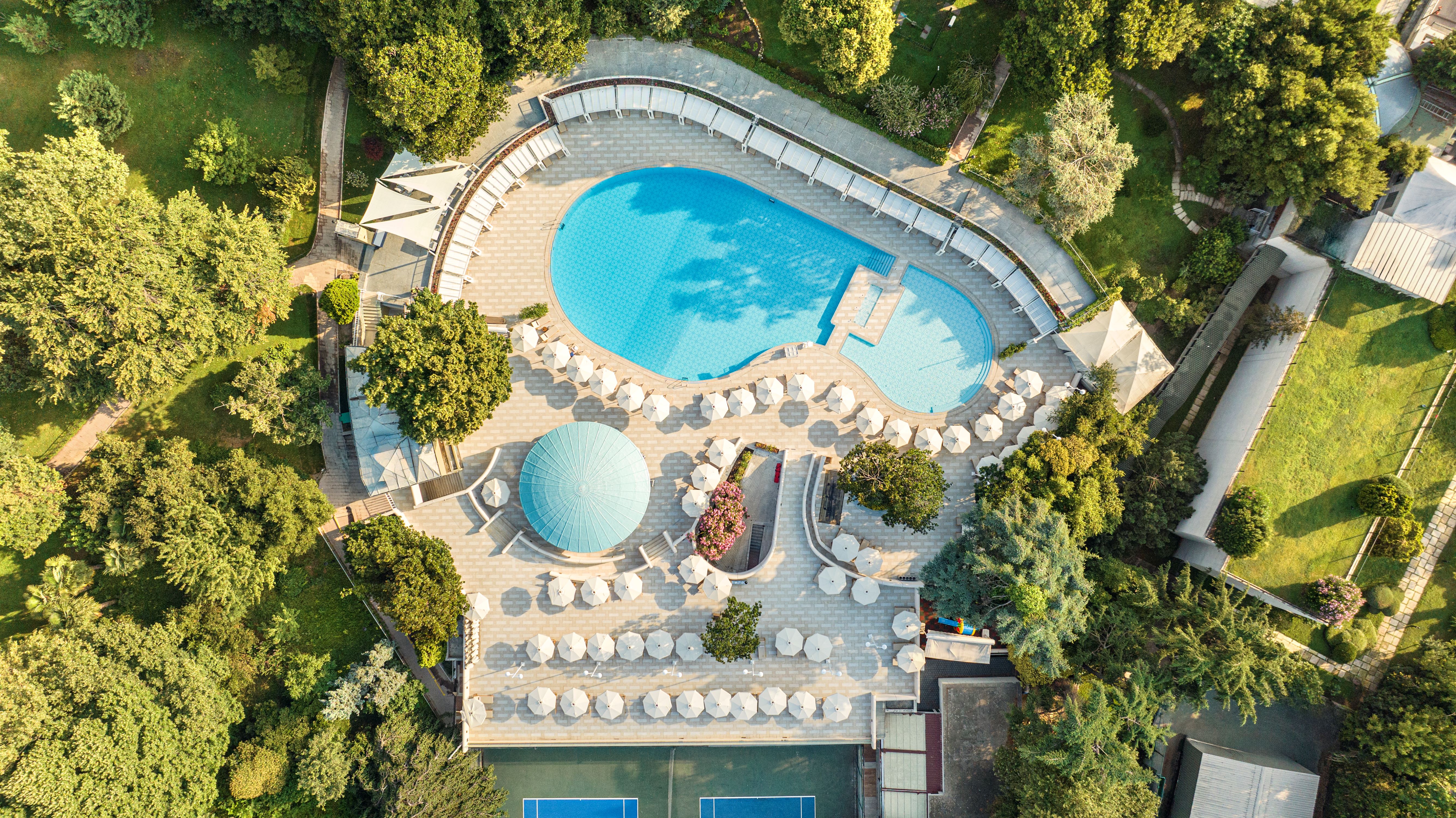 Aerial view of a kidney-shaped swimming pool surrounded by lounge chairs and umbrellas, set within a green, tree-filled area.
