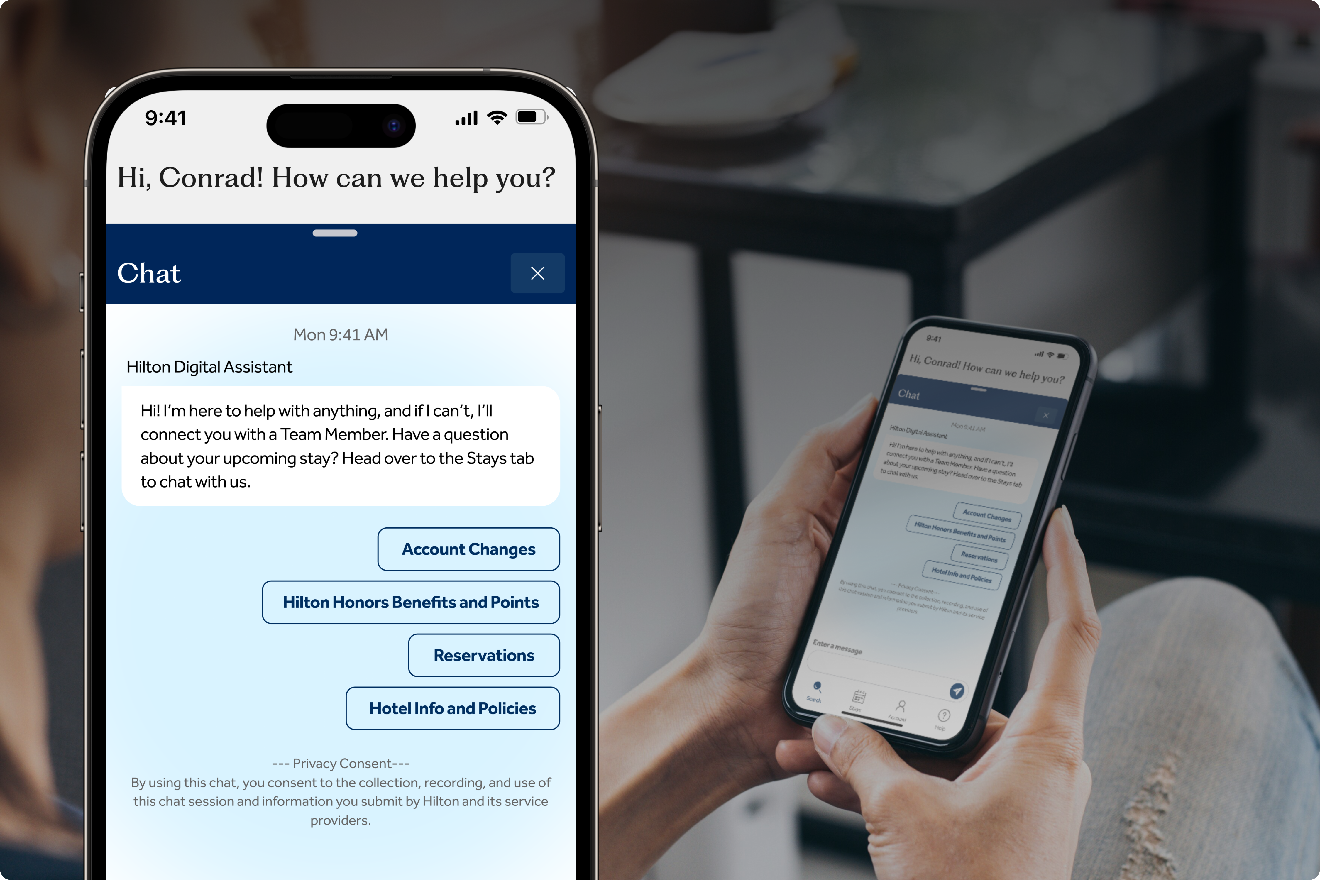 Chat screen on a smartphone showing Hilton Digital Assistant offering help with options like Account Changes, Hilton Honors Benefits, Reservations, and Hotel Info.