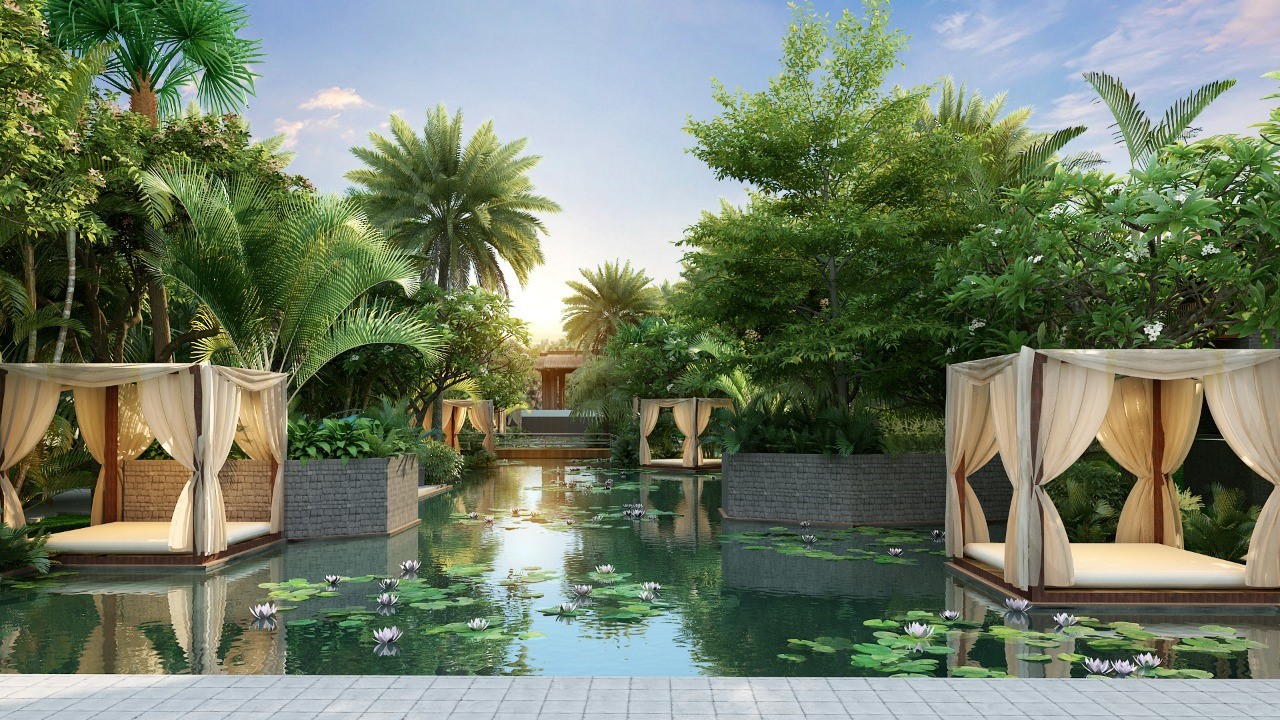 Hilton Hyderabad Resort &amp; Spa rendering - Pool cabanas float in water with lily pads and lush greenery surrounding water area