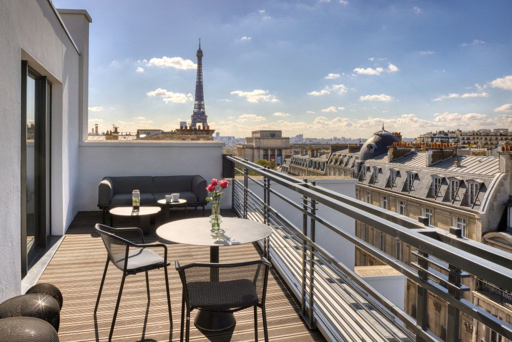 Hotel rooftop overlooking Paris, France skyline