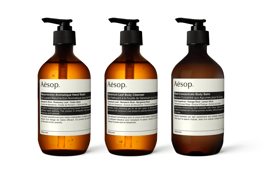 Aesop Products Classic Hair Shampoo and Conditioner, Resurrection Aromatique Hand Wash, Geranium Leaf Body Cleanser and Rind Concentrate Body Balm