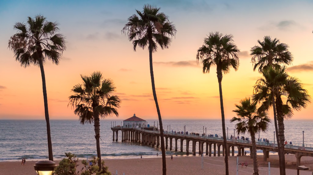 Palm Trees And Pier On Manhattan Beach At Sunset california