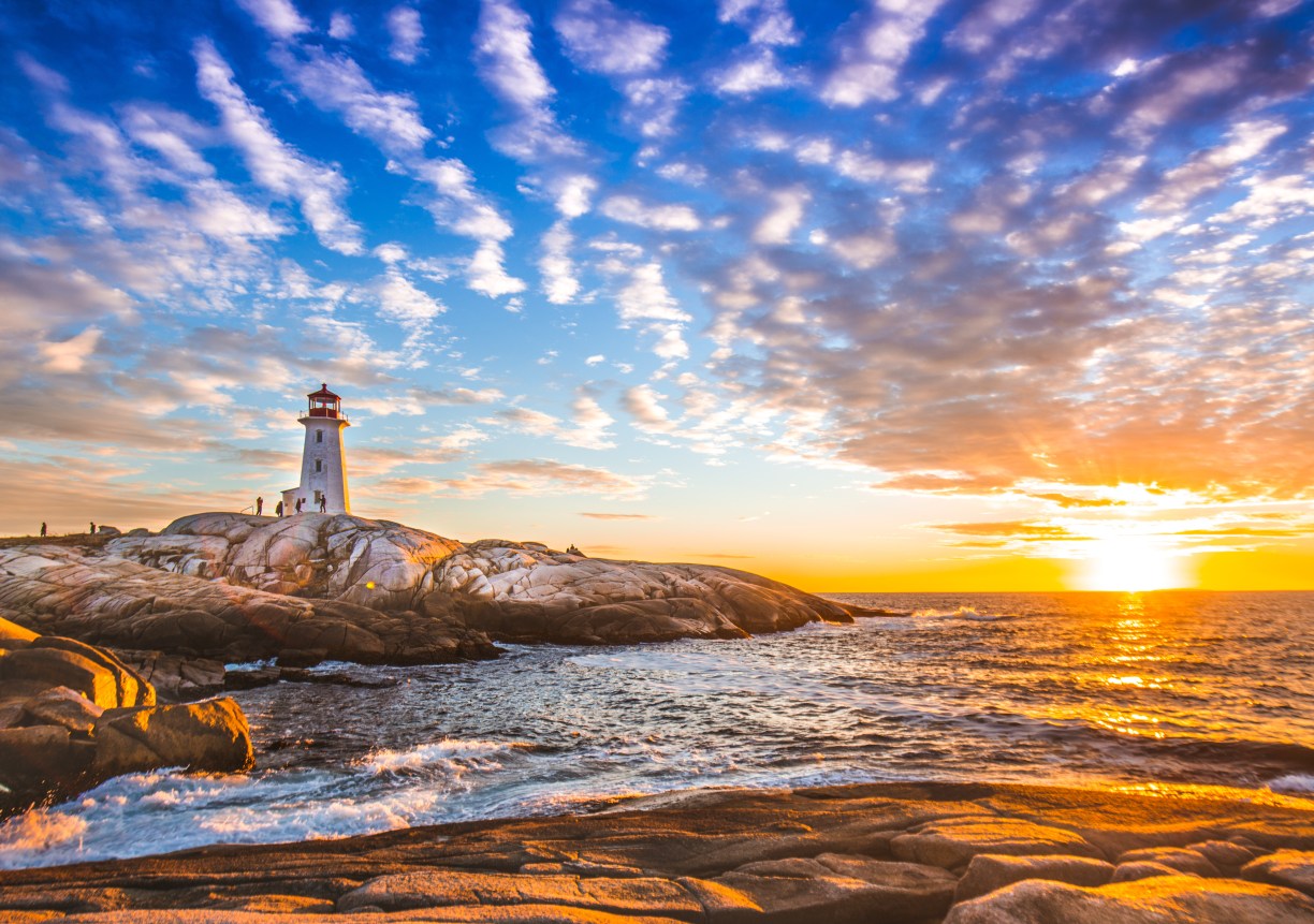 Peggy's Cove Lighthouse Sunset Ocean View Landscape In Halifax Nova