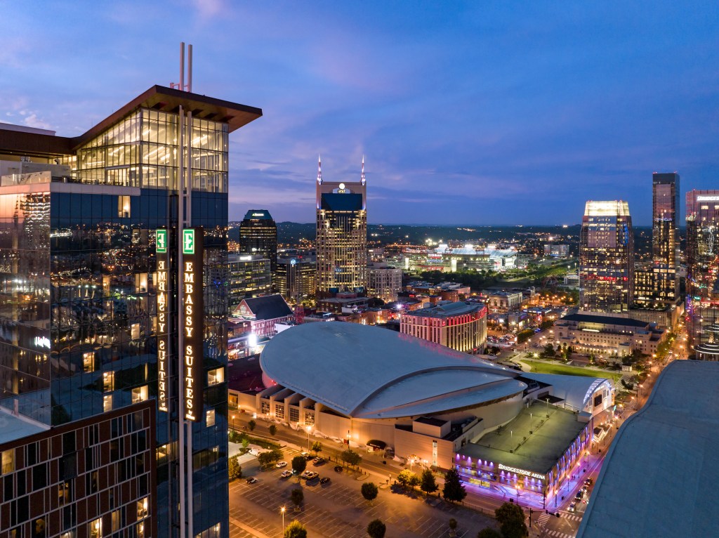 Embassy Suites by Hilton Nashville Downtown skyline aerial drone