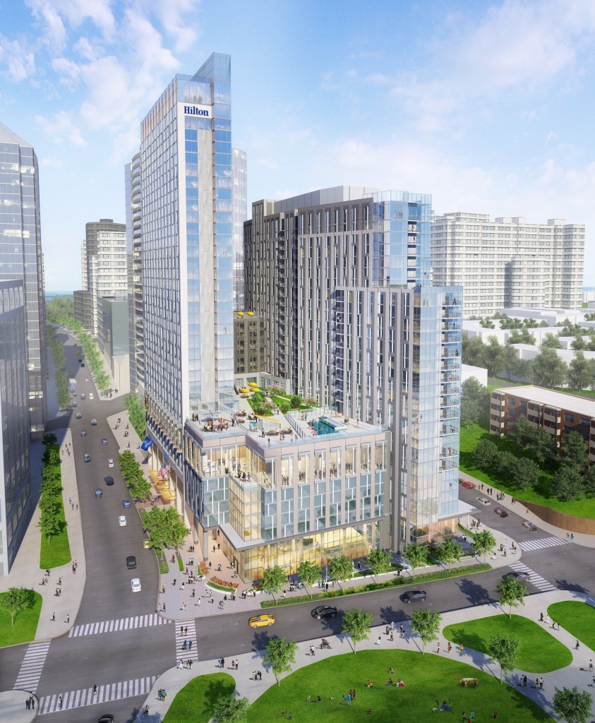 Hilton at The Key Arlington Rosslyn Aerial hotel rendering