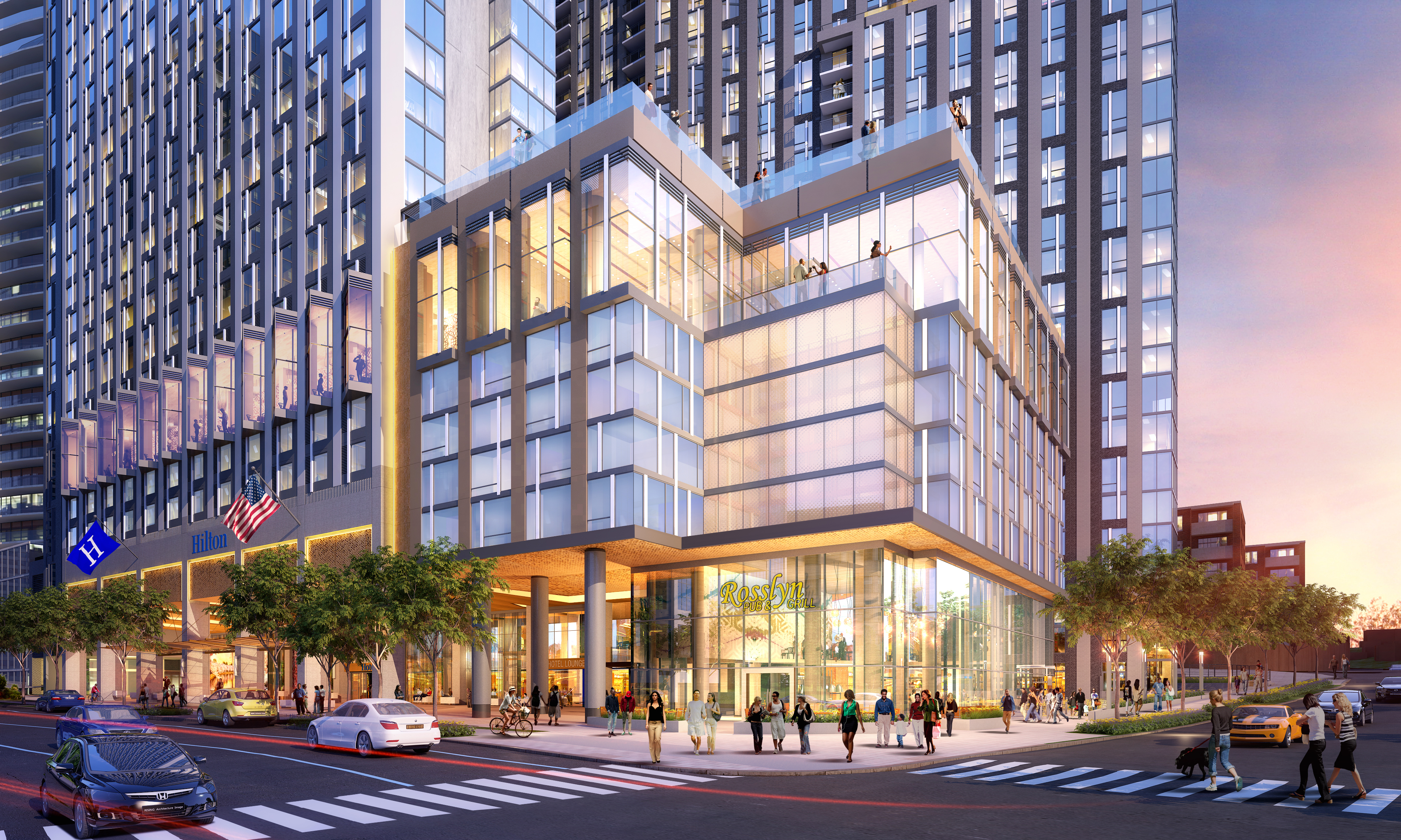 Hilton at The Key, Arlington-Rosslyn Corner View rendering hotel signing