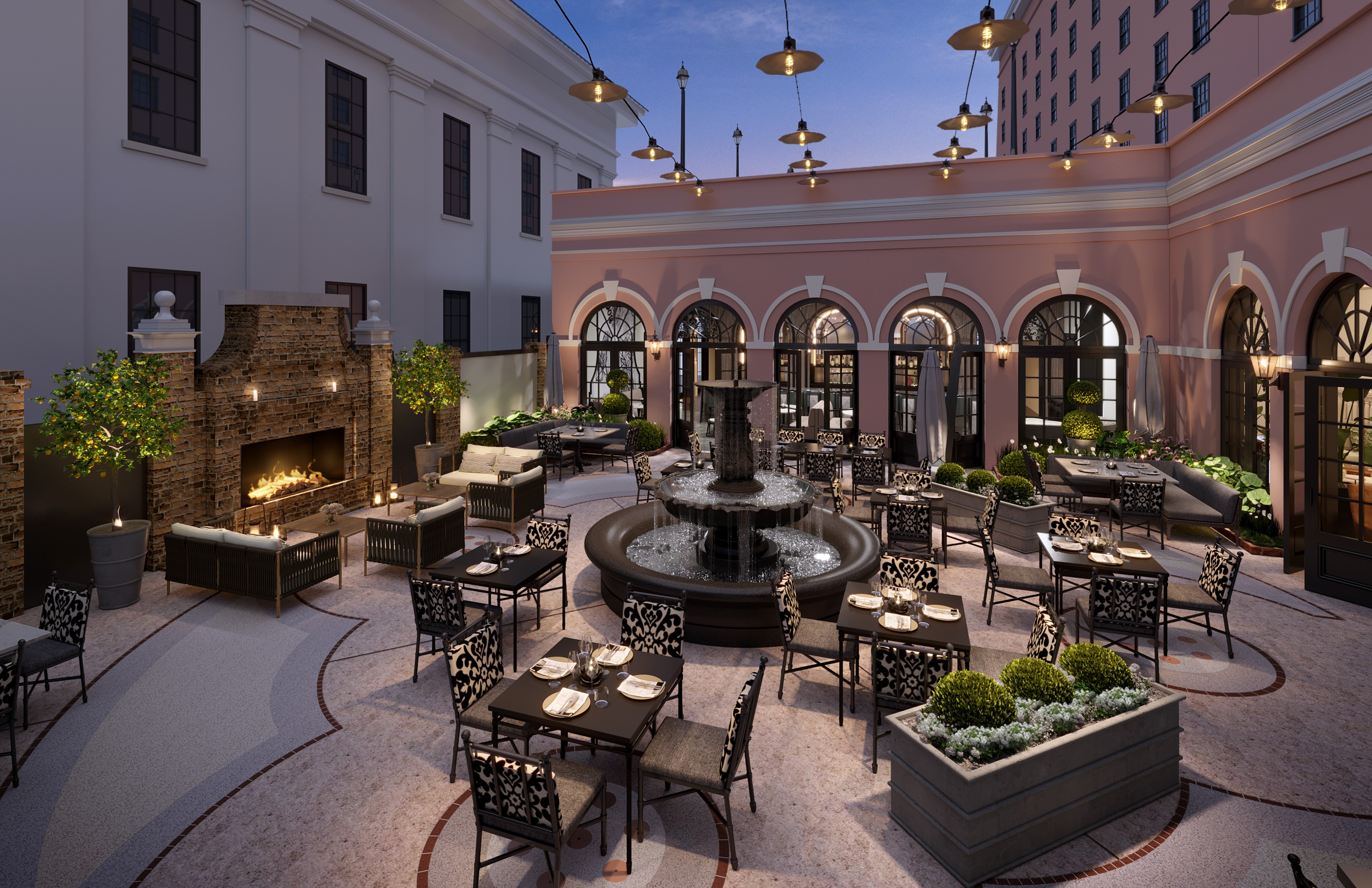 Mills House Charleston, Curio Collection by Hilton RENDERING_Hotel Courtyard - Iron Rose Outdoor Seating