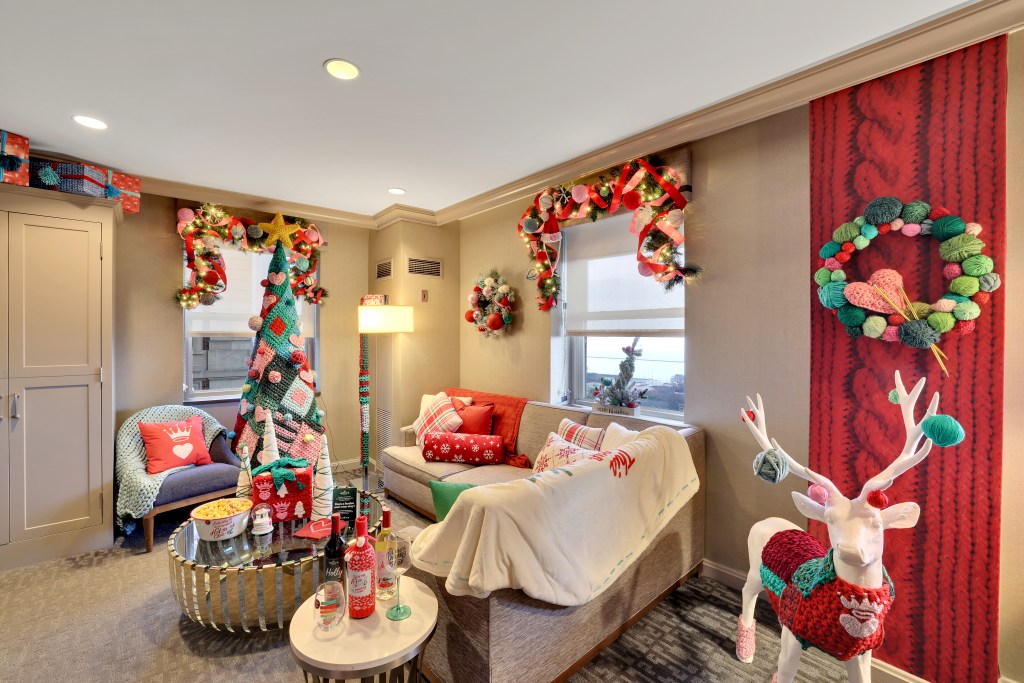Hallmark Christmas hotel room with xmas decorations at hilton suite living room