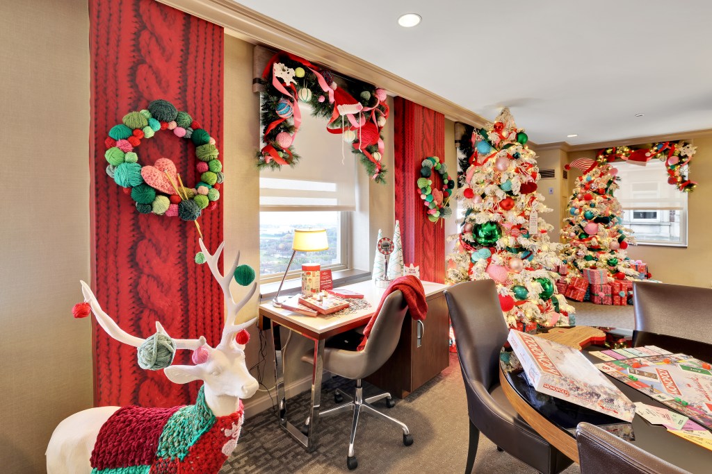 Hallmark Christmas hotel room with xmas decorations at hilton Chicago office