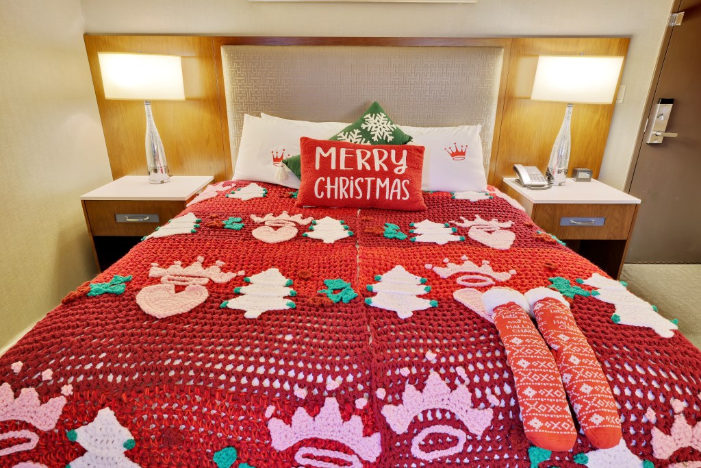 hotel bed at Hallmark Christmas hotel room with xmas decorations at hilton Chicago