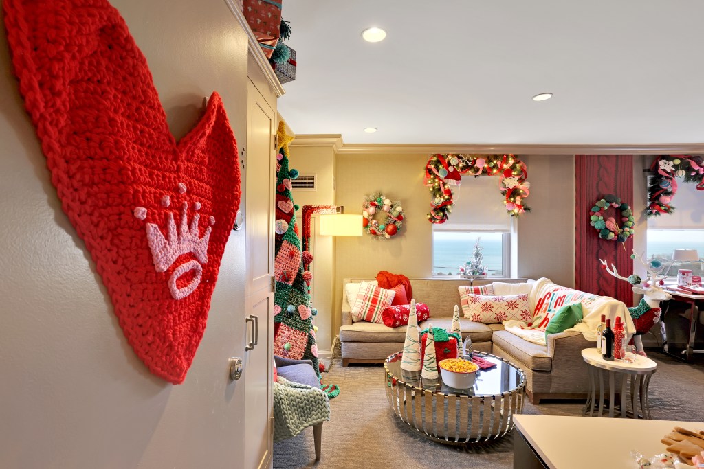 at Hallmark Christmas hotel room with xmas decorations at hilton Chicago