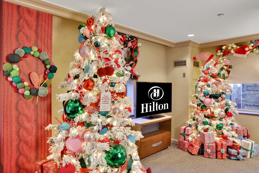 at Hallmark Christmas hotel room with xmas decorations at hilton Chicago