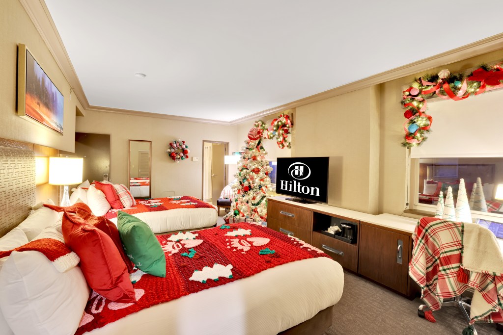 at Hallmark Christmas hotel room with xmas decorations at hilton Chicago