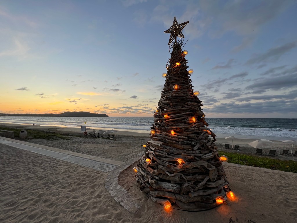 Christmas tree made out of driftwood, Conrad Punta de Mita beach