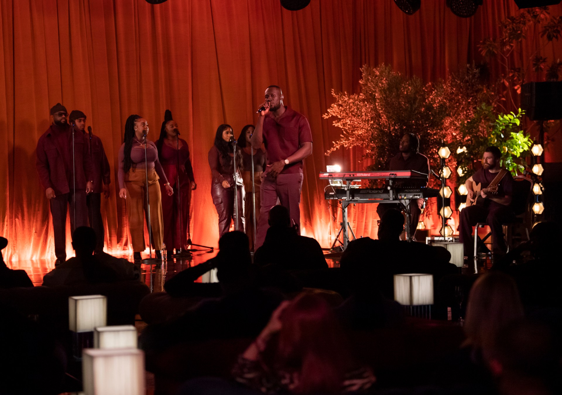 Stormzy performs Secret Hilton Concert with background singers and band at Hilton London Metropole