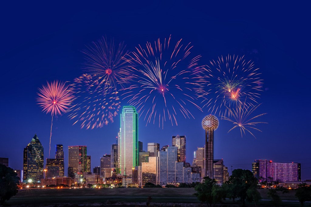 Cityscape, Dallas, Texas, USA, with Fireworks