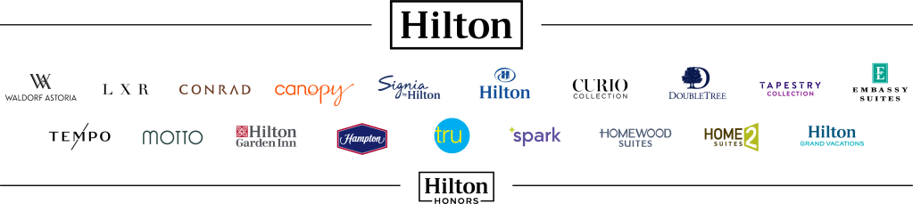 Hilton Brand Bar with logos for Waldorf Astoria, LXR, Conrad, Canopy, Signia, Hilton, Curio, DoubleTree, Tapestry Collection, Embassy Suites, Tempo, Motto, Hilton Garden Inn, Hampton, Tru, Spark, Homewood Suites, Home2 Suites and Hilton Honors