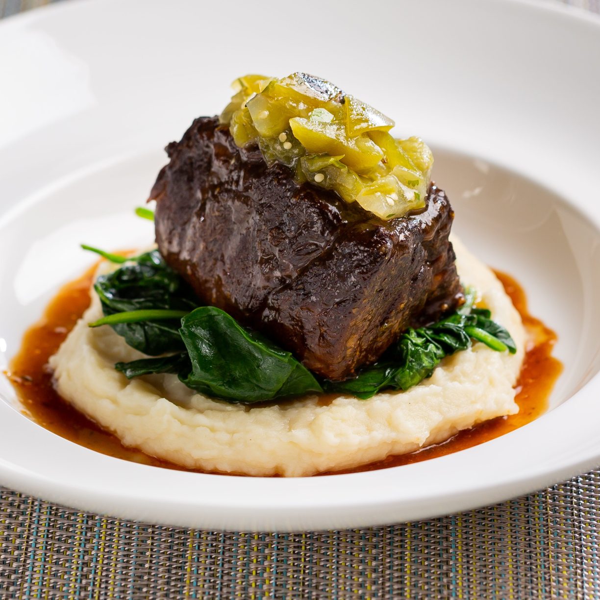 Cabernet Braised Beef Short Rib with Charred Green Tomato Salsa