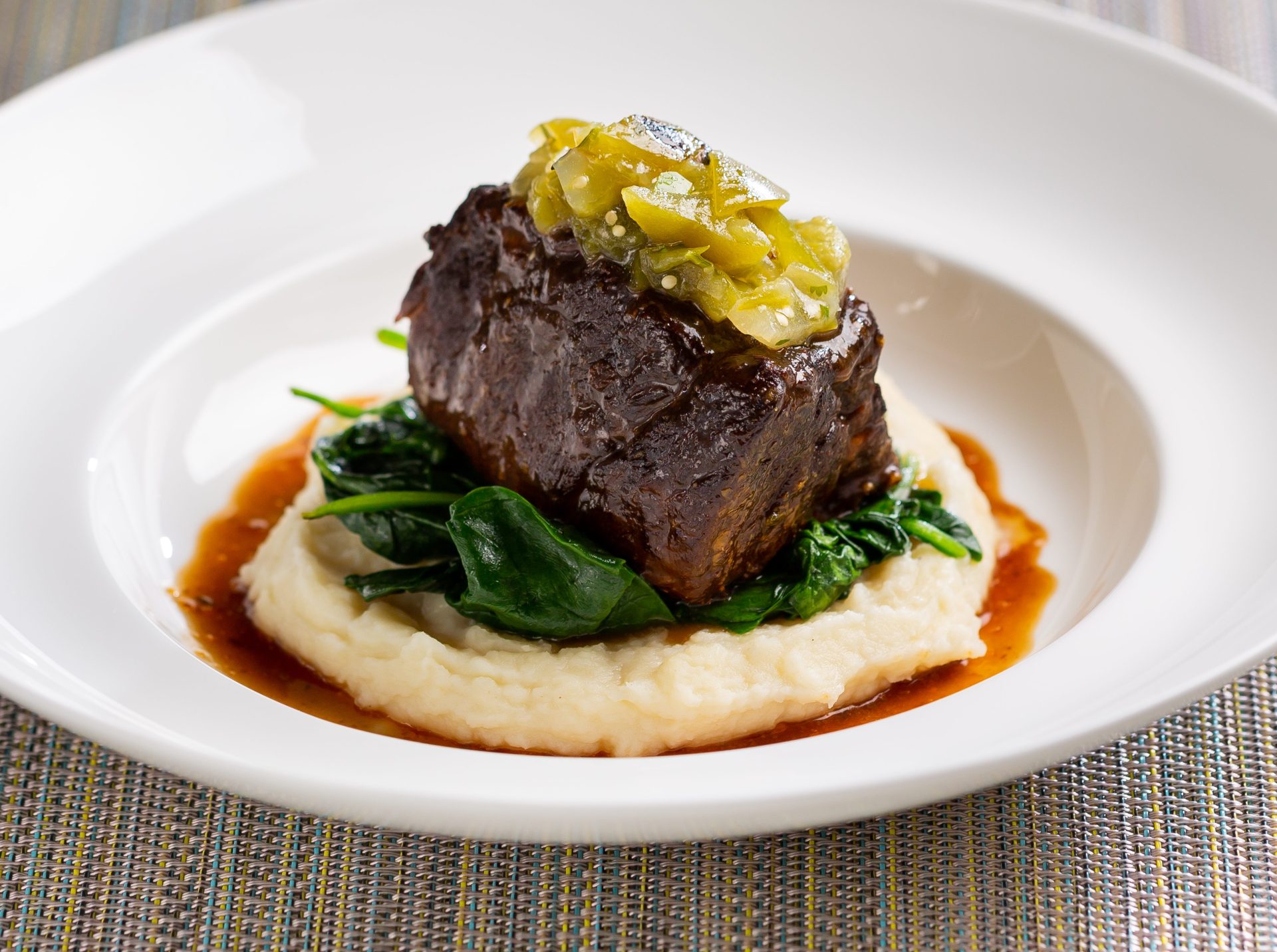 Cabernet Braised Beef Short Rib with Charred Green Tomato Salsa 