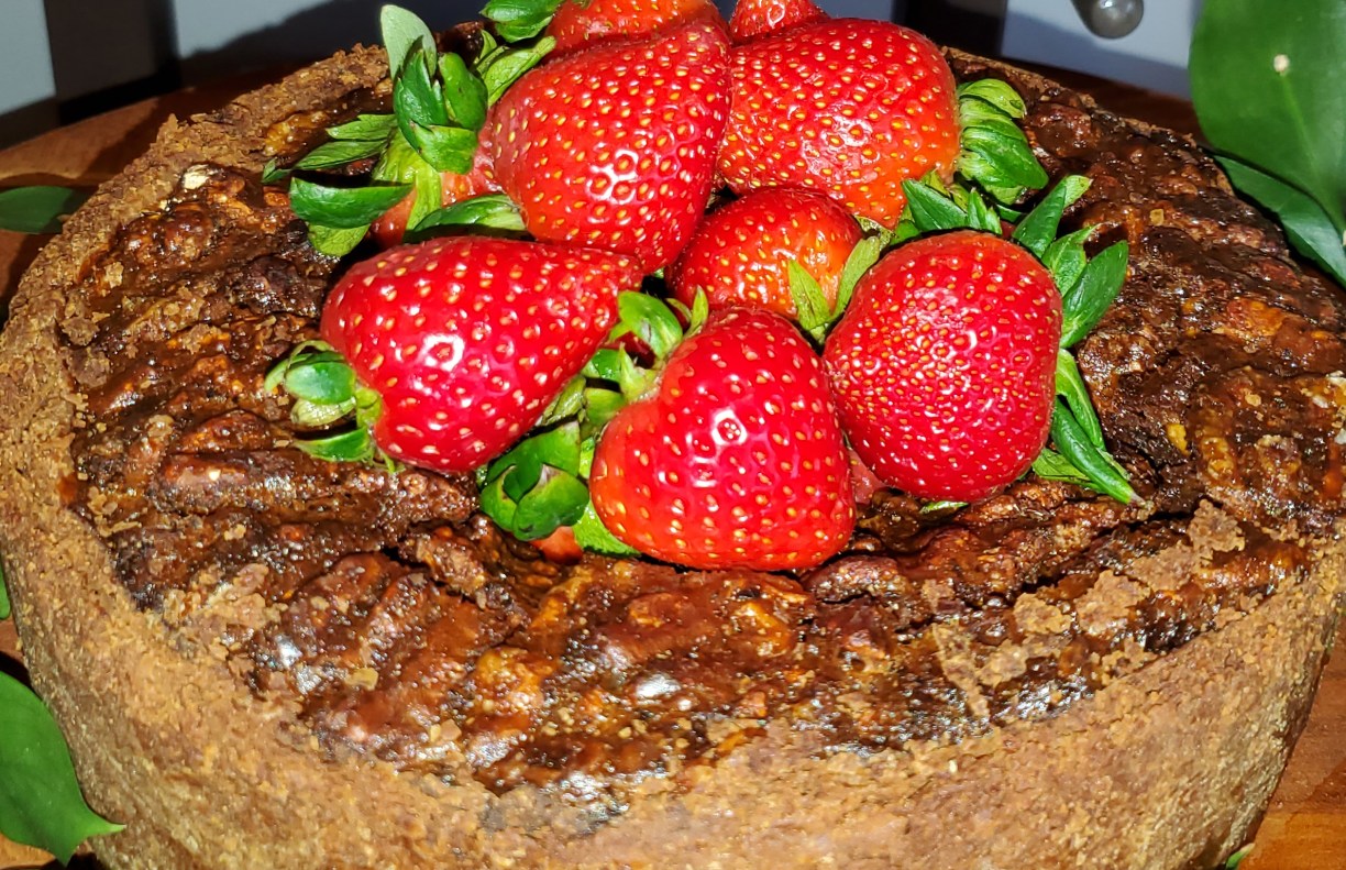 Walnut Turtle Pie topped with Strawberries