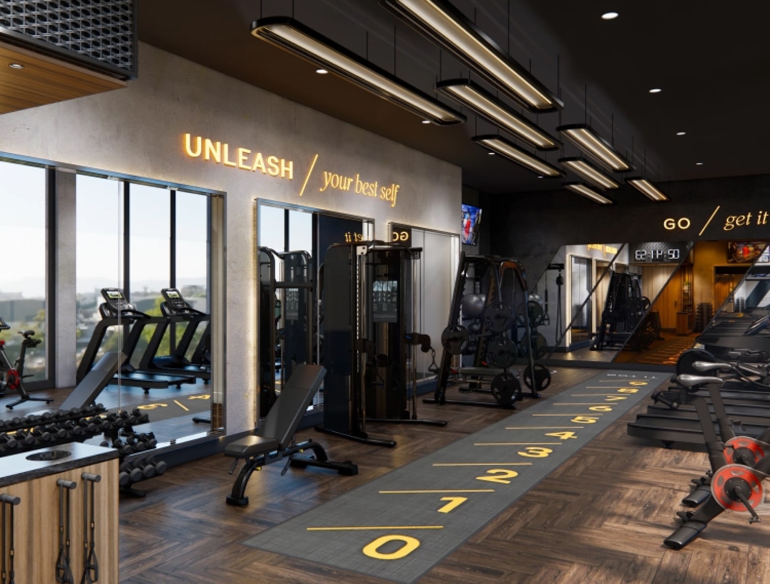 Luxery workout room at a Hilton Hotel.