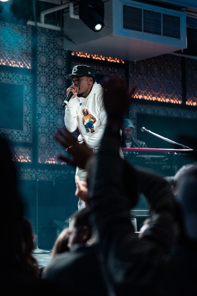 Chance the Rapper engages with the crowd during his set at an exclusive event at ROOF on theWit Chicago, a Hilton Hotel in Chicago, Illinois, on Thursday, Sept. 14, 2023