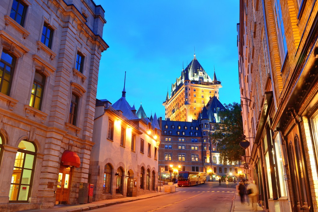 Chateau,Frontenac,At,Dusk,In,Quebec,City,With,Street