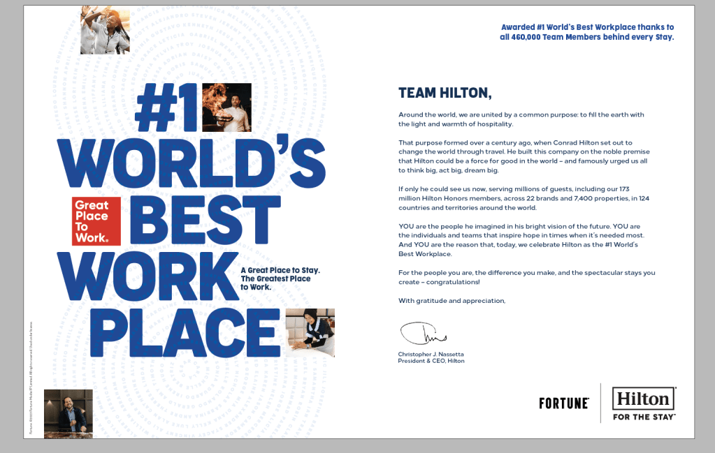 Hilton récompense les membres de son équipe mondiale dans des publicités publiées dans les principaux médias pour avoir été reconnus comme le meilleur lieu de travail au monde.