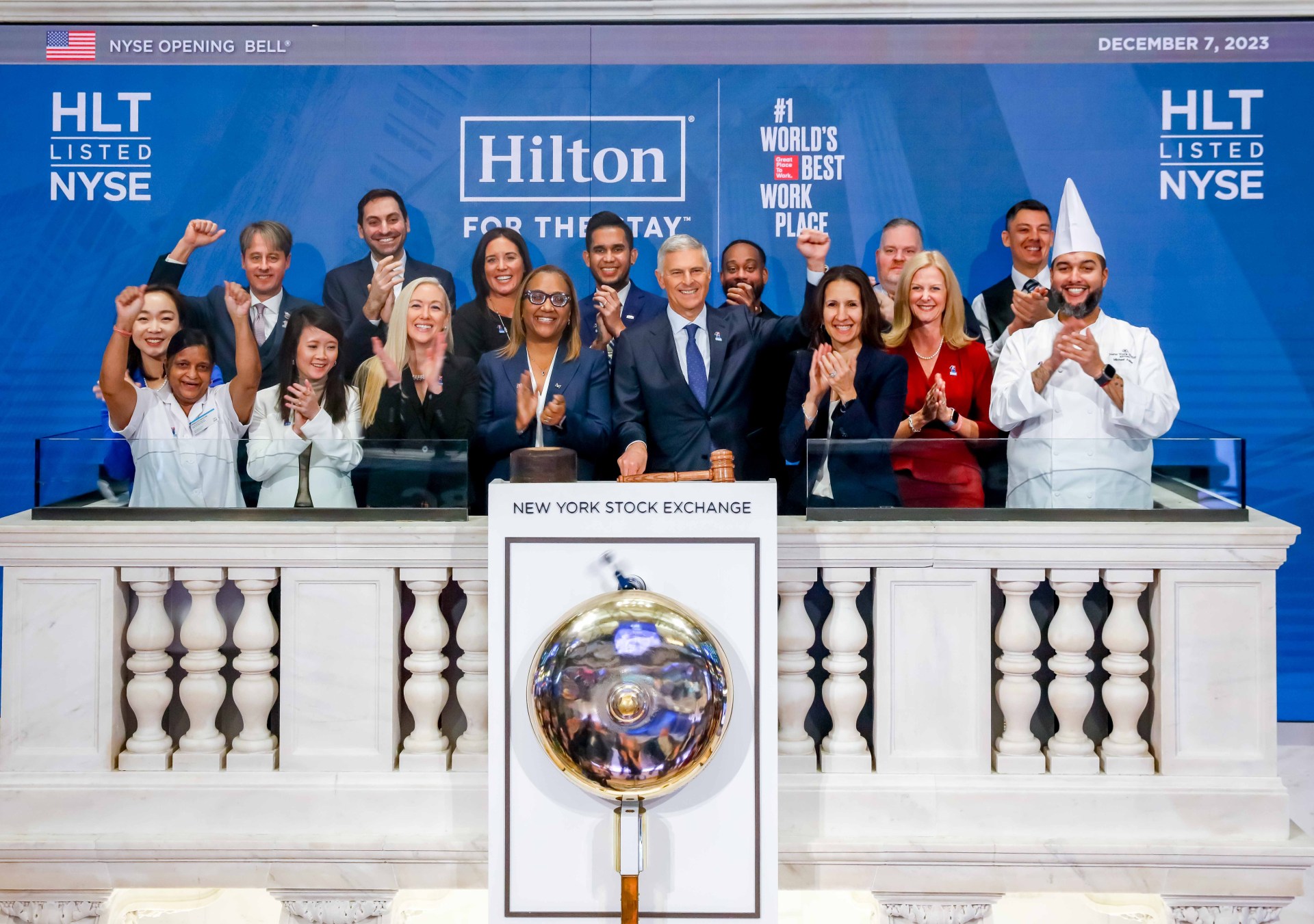 Hilton Worldwide Holdings Inc. (NYSE: HLT) Rings The Opening Bell®  The New York Stock Exchange welcomes Hilton Worldwide Holdings Inc. (NYSE: HLT), today, Thursday, December 7, 2023, in celebration of its 10th anniversary of listing. To honor the occasion, Chris Nassetta, President and Chief Executive Officer, joined by Lynn Martin, NYSE President, rings the Opening Bell®. Photo Credit: NYSE