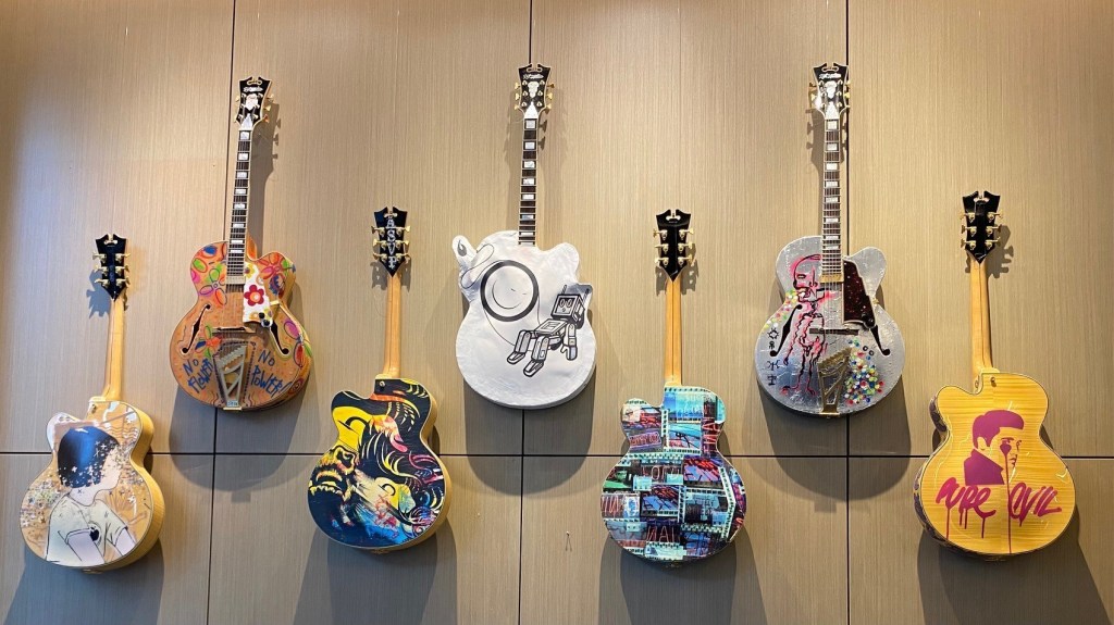 D'Angelico guitars, curated by DK Johnston on exhibit at Canopy by Hilton Jersey City Arts District