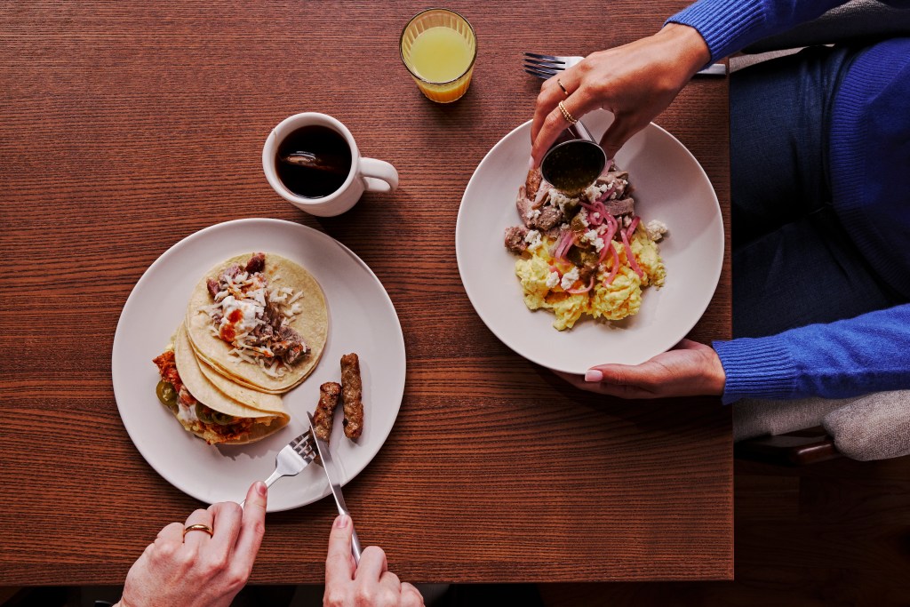 Overhead photo of Homewood Suites by Hilton breakfast offerings including new breakfast tacos