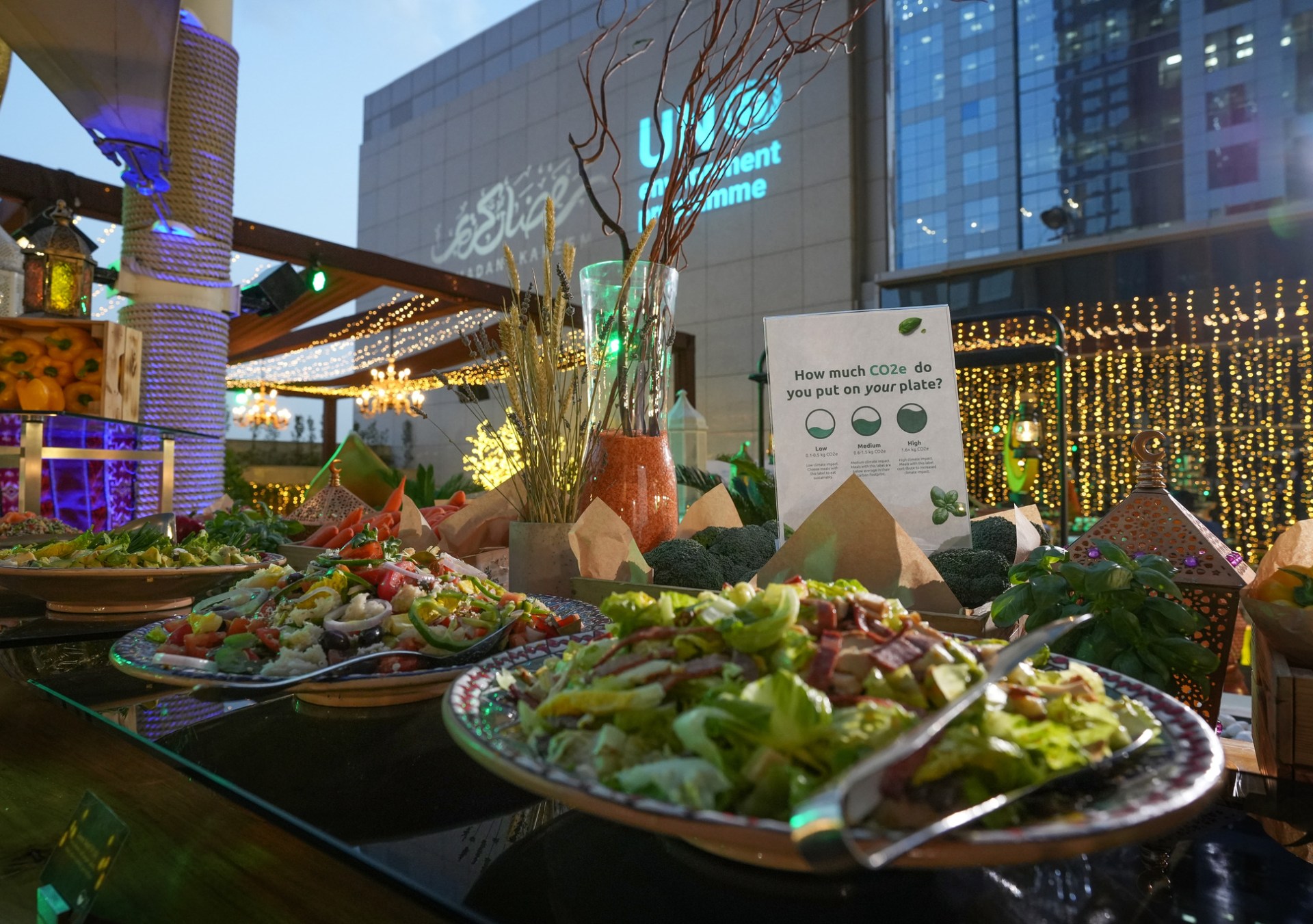 salad buffet with Green Ramadan signage at Conrad Dubai Ramadan Event