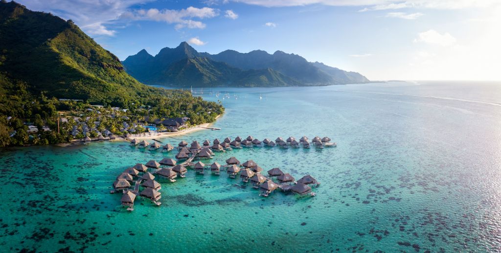 Hilton Moorea Lagoon Resort and Spa - Aerial, rooms built over-water bungalows, mountain and island view, ocean view