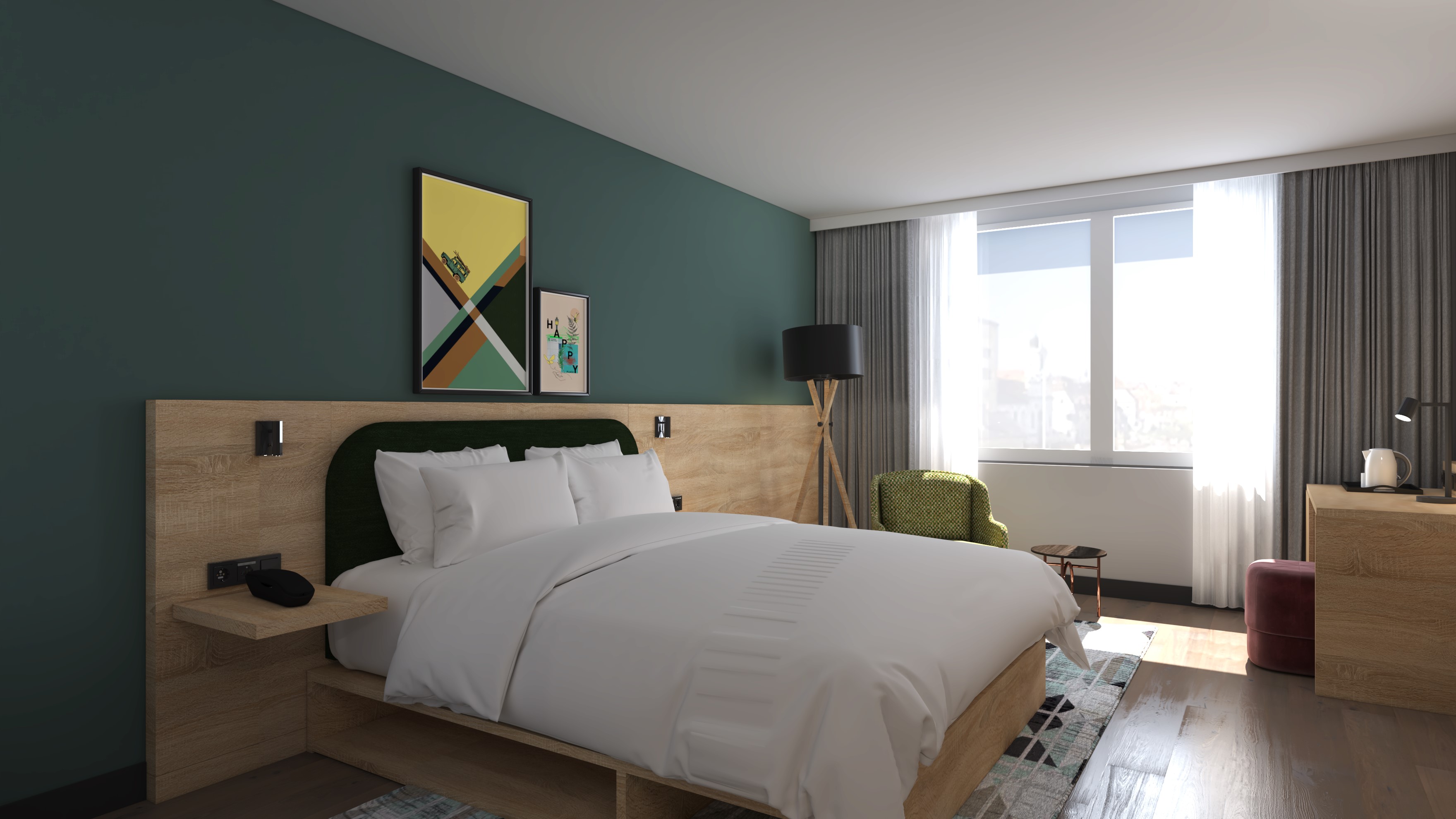 bedroom, chair, lamp, desk, paintings