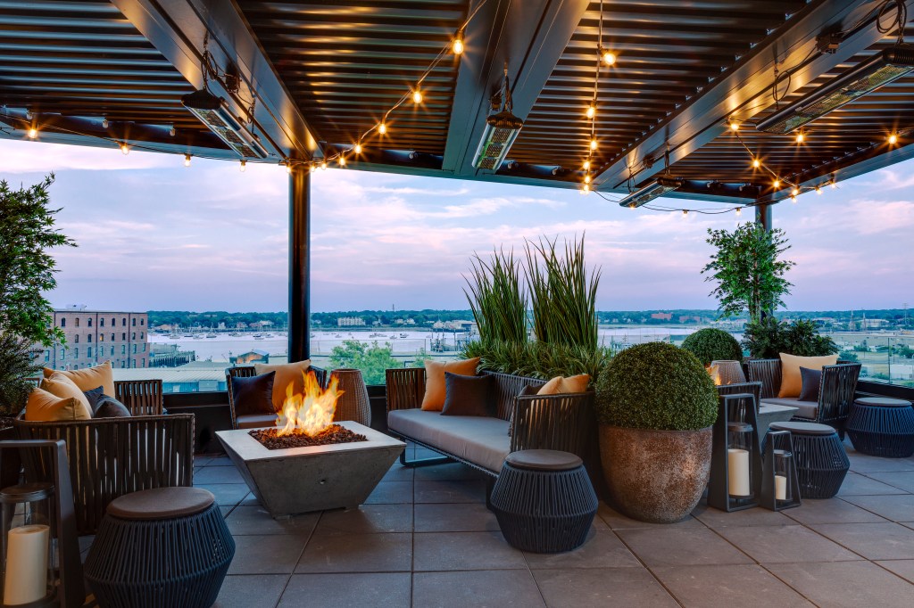 Canopy by Hilton Portland Waterfront, Luna Rooftop Bar Patio, Night, fire pit, outdoor seating