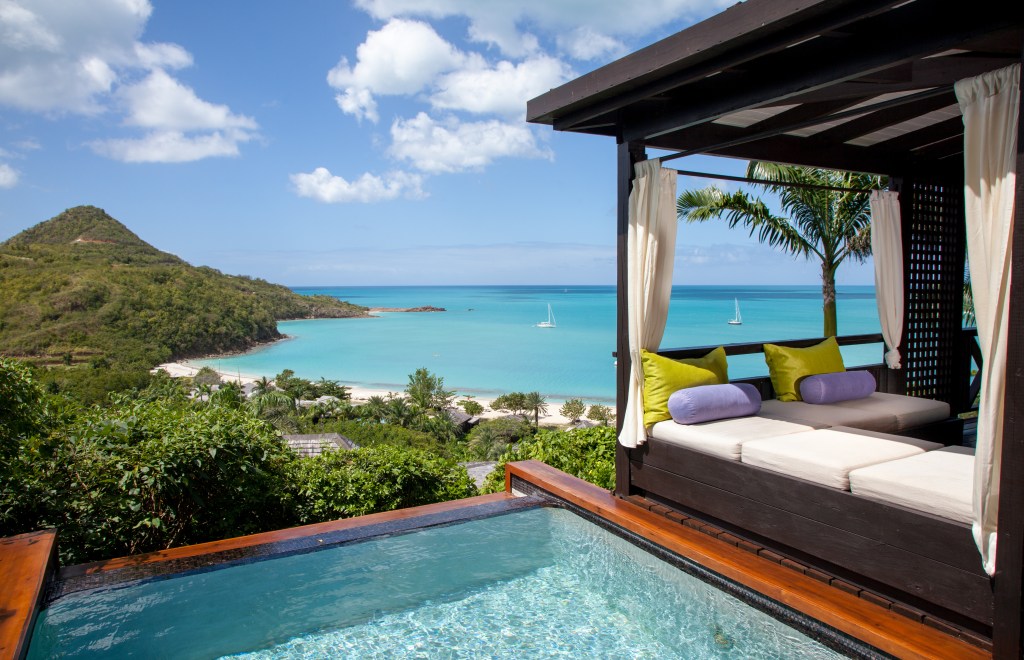 Hermitage Bay, Hillside Pool Suite, Pool side, Beach, sailboat, palm trees, infinity plunge pool