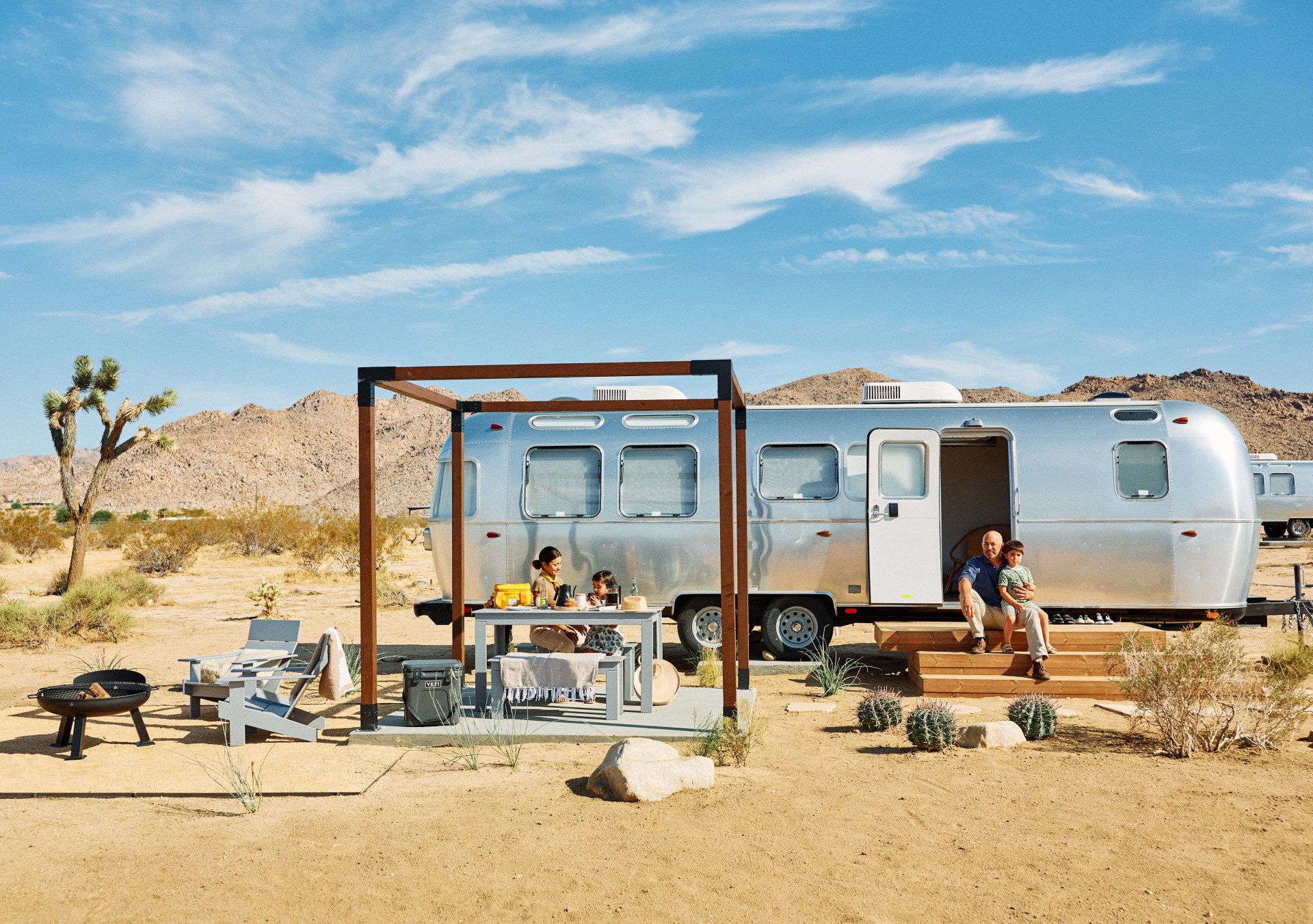 AutoCamp, Joshua Tree, firepit, camping, camper, desert, cactus